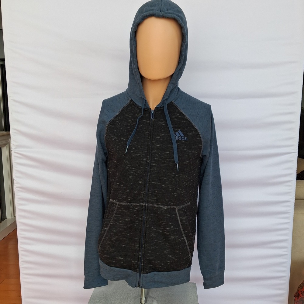Adidas Mens Full Zip Hoodie Space Dye Blue Grey Raglan Sweatshirt Small